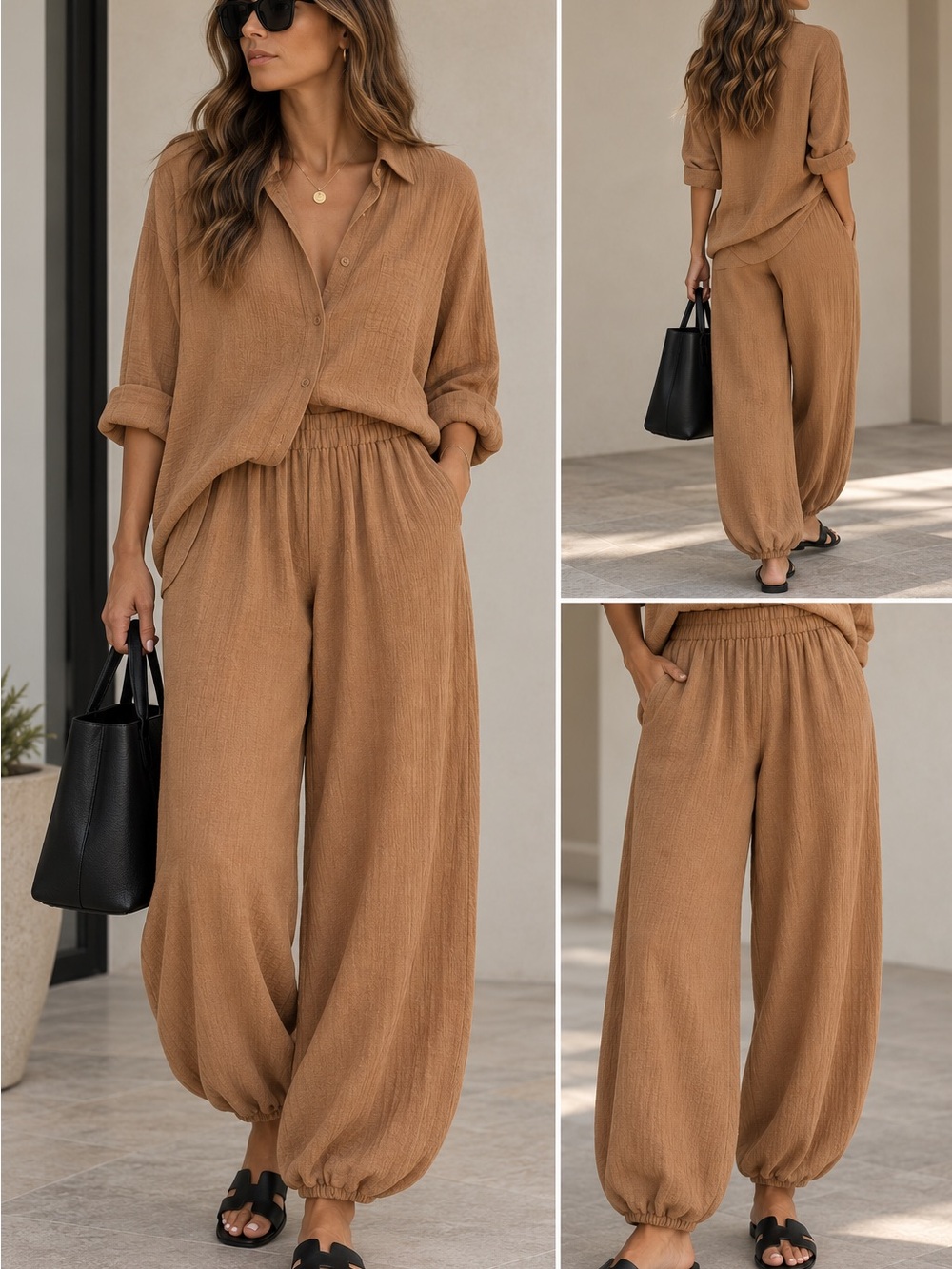 Zara Wide-Leg Elastic-Waist Pants — Camel Brown